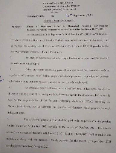 प्रदेश सरकार ने हिमाचल प्रदेश के सरकारी कर्मचारियों के लिए 6% डीए की अधिसूचना की जारी 